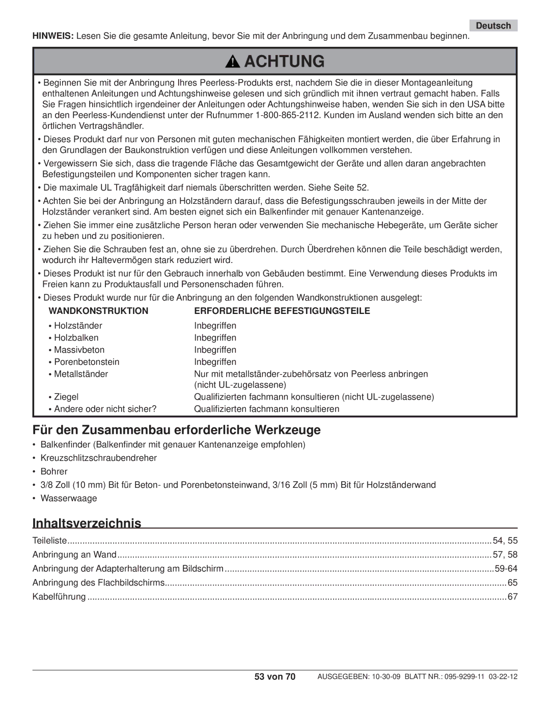 Peerless Industries SA771PU manual Für den Zusammenbau erforderliche Werkzeuge, Inhaltsverzeichnis, Deutsch 