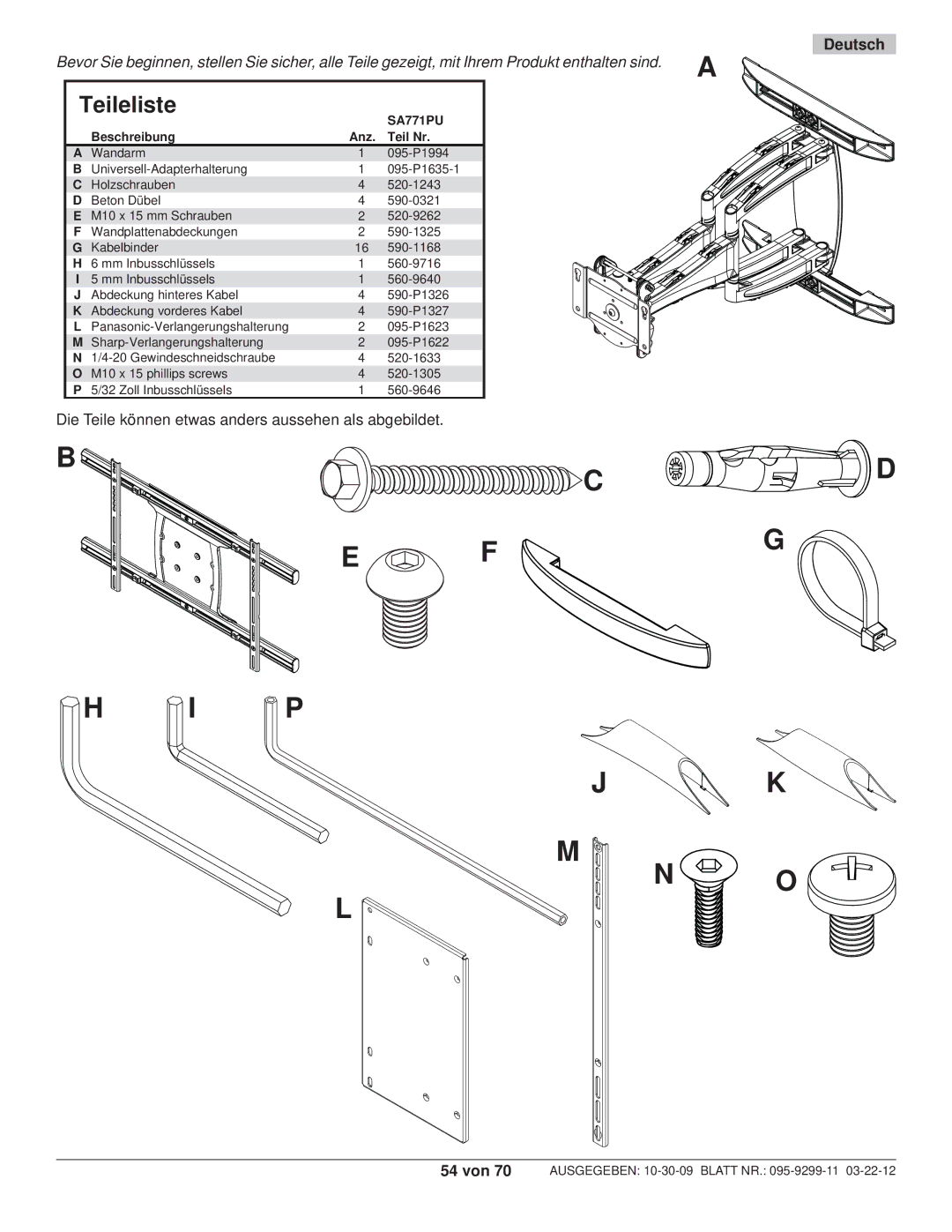 Peerless Industries SA771PU manual Teileliste, Beschreibung Anz Teil Nr 