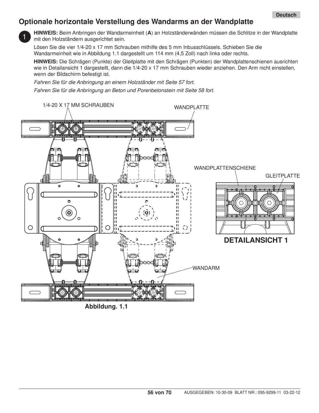 Peerless Industries SA771PU manual Detailansicht, Wandplattenschiene Gleitplatte, Wandarm 