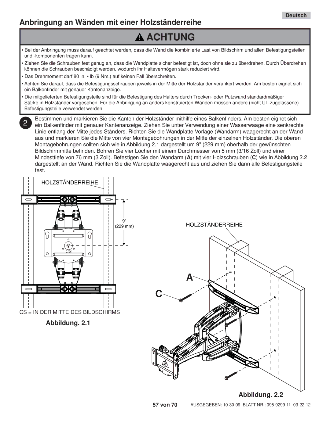 Peerless Industries SA771PU manual Anbringung an Wänden mit einer Holzständerreihe, CS = in DER Mitte DES Bildschirms 