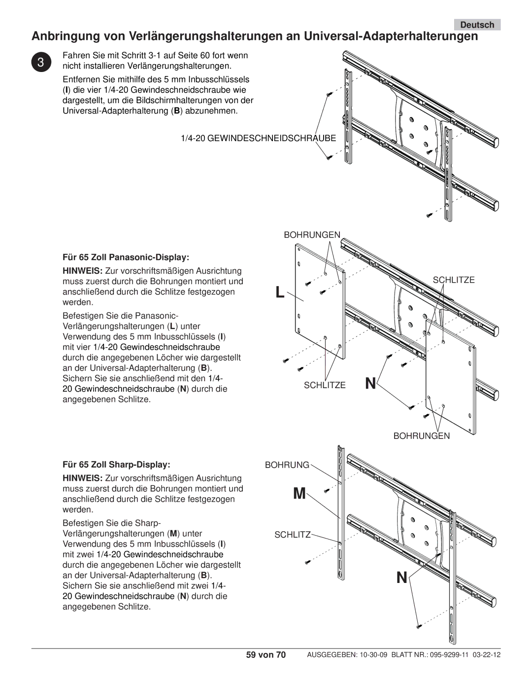 Peerless Industries SA771PU manual Für 65 Zoll Panasonic-Display, Für 65 Zoll Sharp-Display 