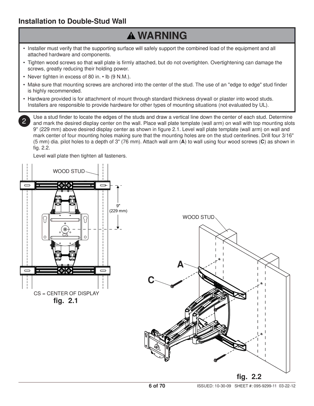 Peerless Industries SA771PU manual Installation to Double-Stud Wall, Wood Stud CS = Center of Display 