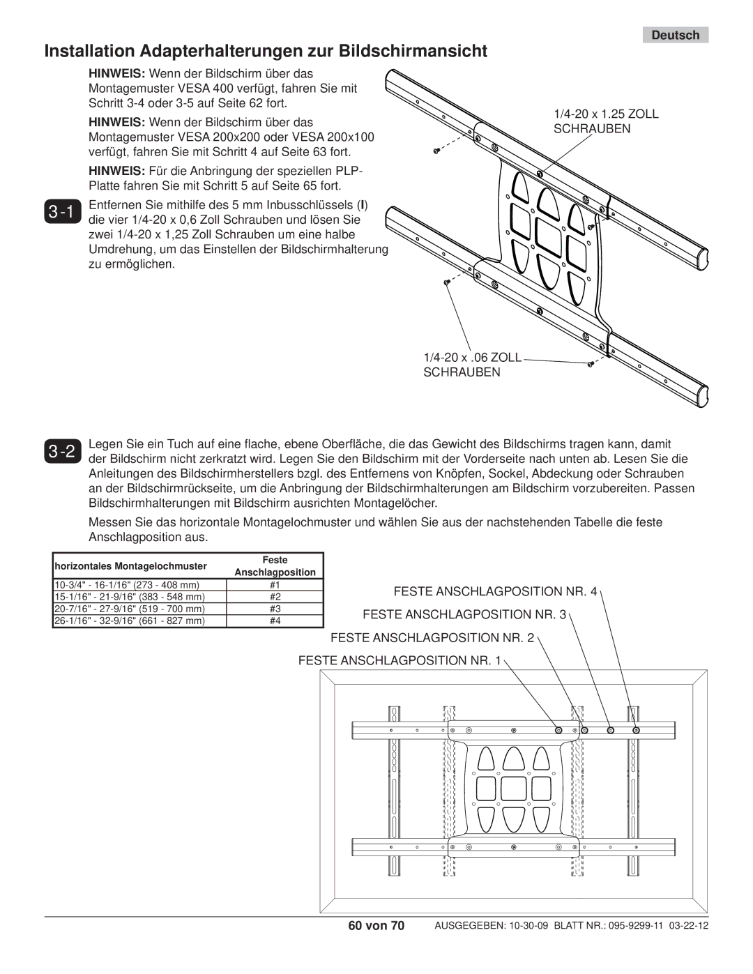 Peerless Industries SA771PU Installation Adapterhalterungen zur Bildschirmansicht, Schrauben, Feste Anschlagposition NR 