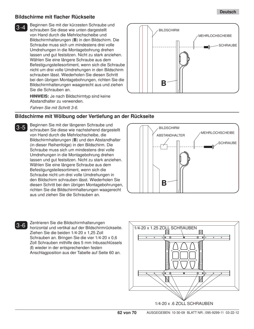 Peerless Industries SA771PU manual Bildschirme mit ﬂacher Rückseite 