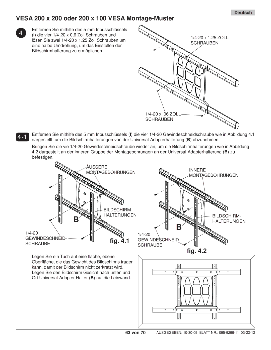 Peerless Industries SA771PU manual Vesa 200 x 200 oder 200 x 100 Vesa Montage-Muster, Schrauben 