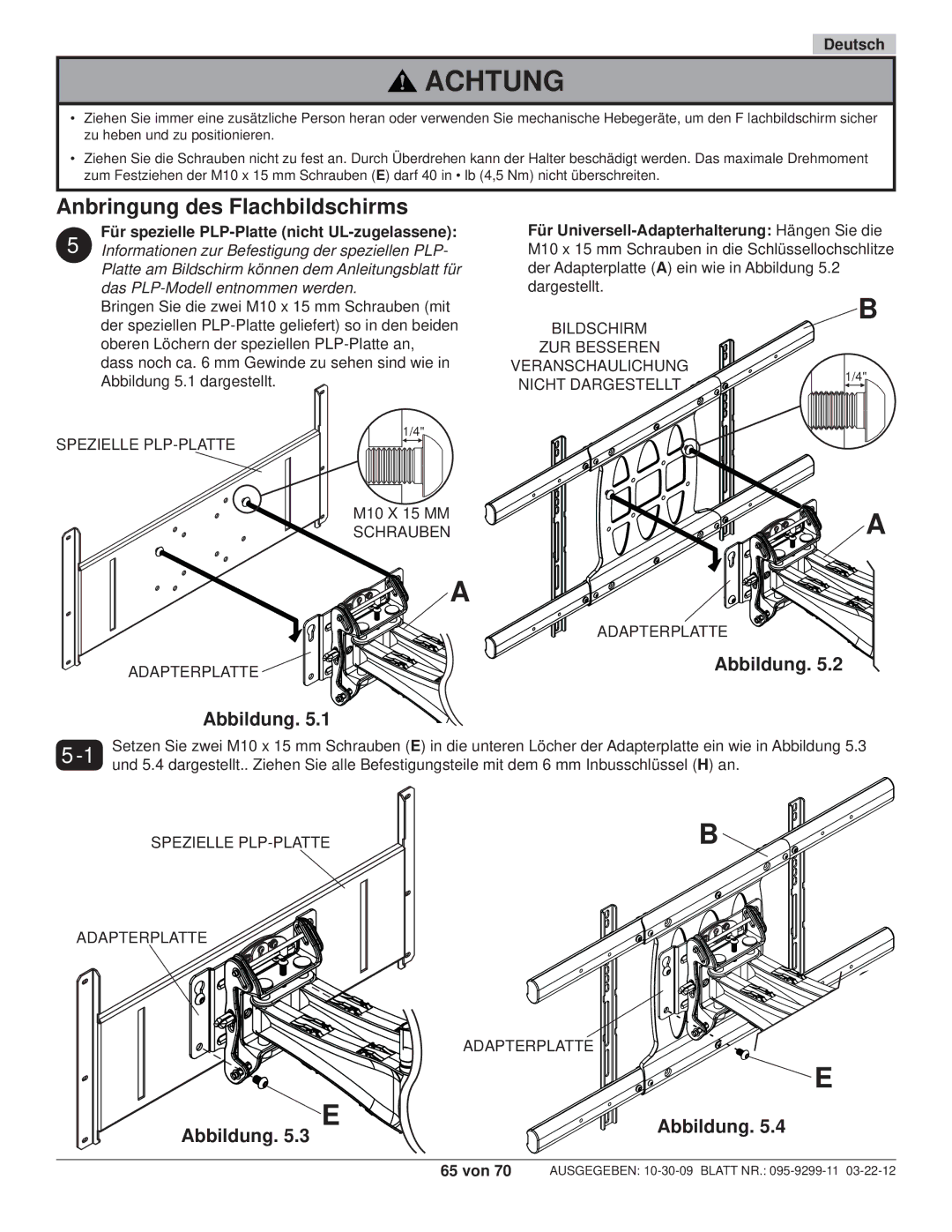 Peerless Industries SA771PU manual Anbringung des Flachbildschirms, Für spezielle PLP-Platte nicht UL-zugelassene 