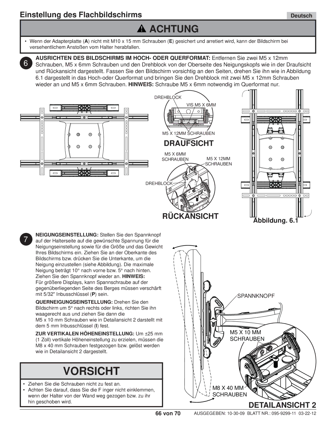 Peerless Industries SA771PU manual Einstellung des Flachbildschirms, Draufsicht, Rückansicht, Spannknopf 