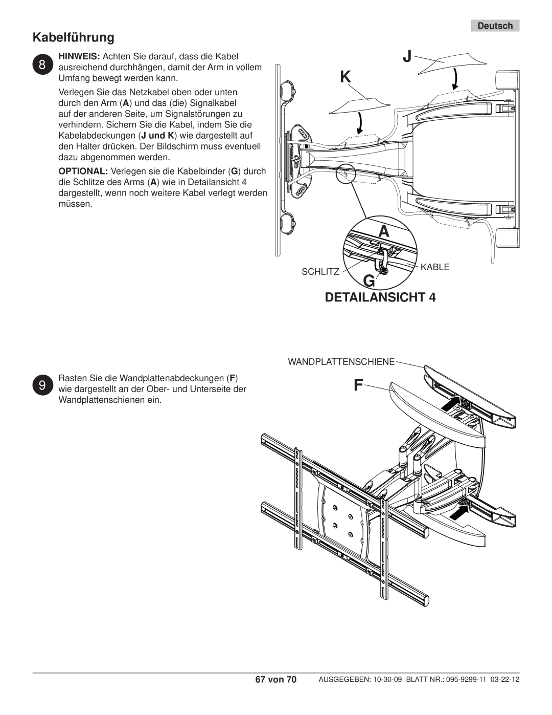 Peerless Industries SA771PU manual Kabelführung, Schlitz Kable, Wandplattenschiene 