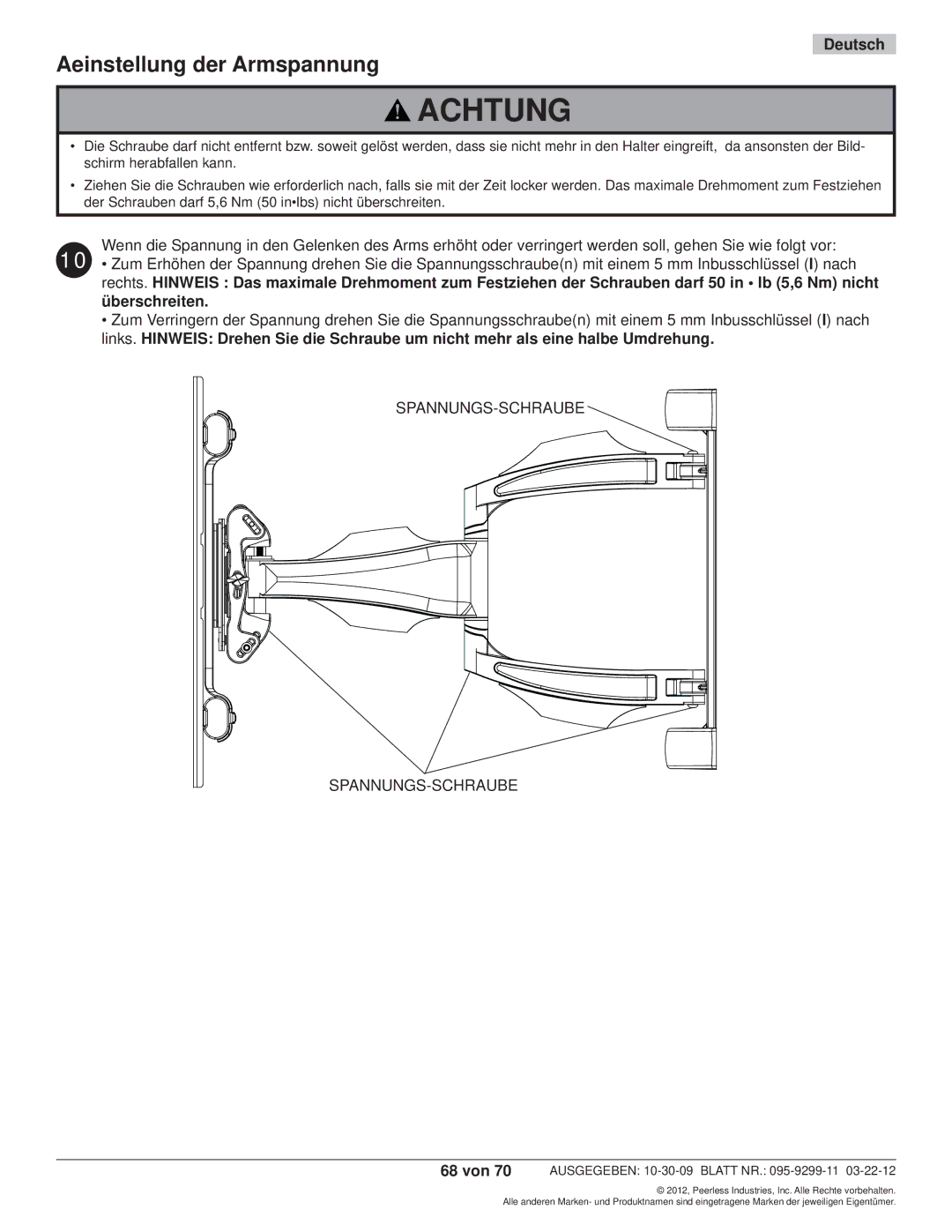 Peerless Industries SA771PU manual Aeinstellung der Armspannung, Spannungs-Schraube 