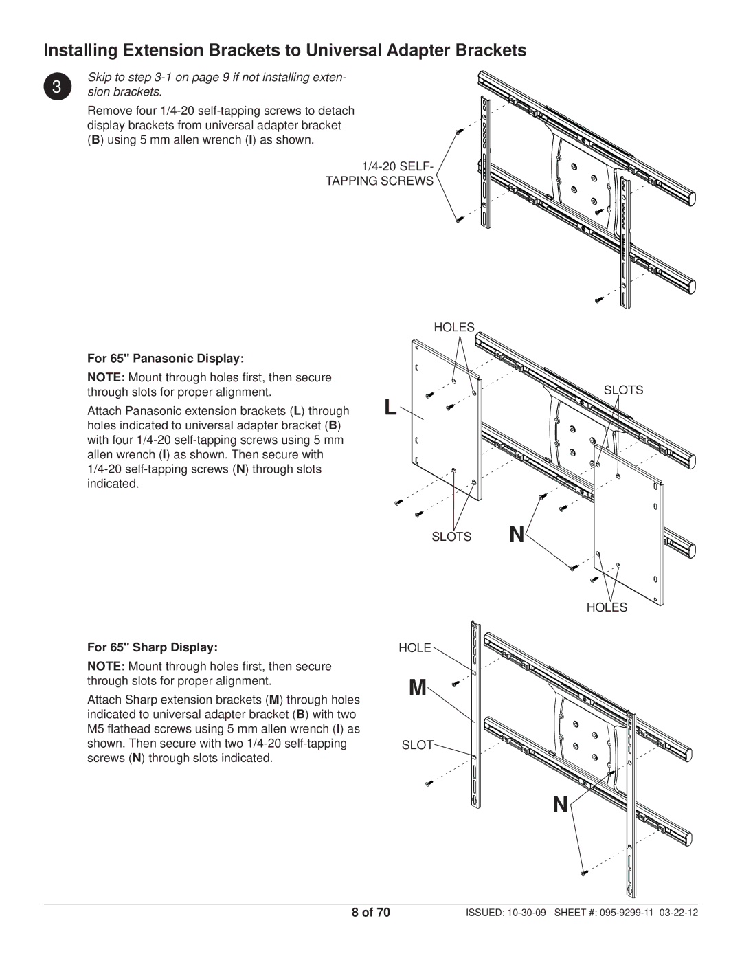 Peerless Industries SA771PU manual Installing Extension Brackets to Universal Adapter Brackets, Tapping Screws Holes 