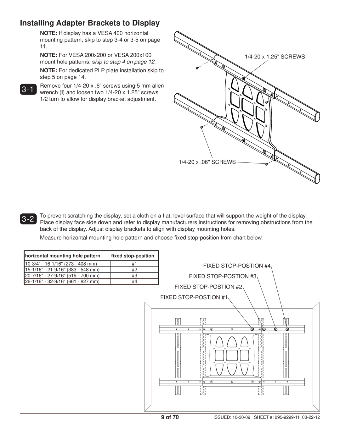 Peerless Industries SA771PU manual Installing Adapter Brackets to Display, Fixed STOP-POSTION #4, Fixed STOP-POSTION #3 