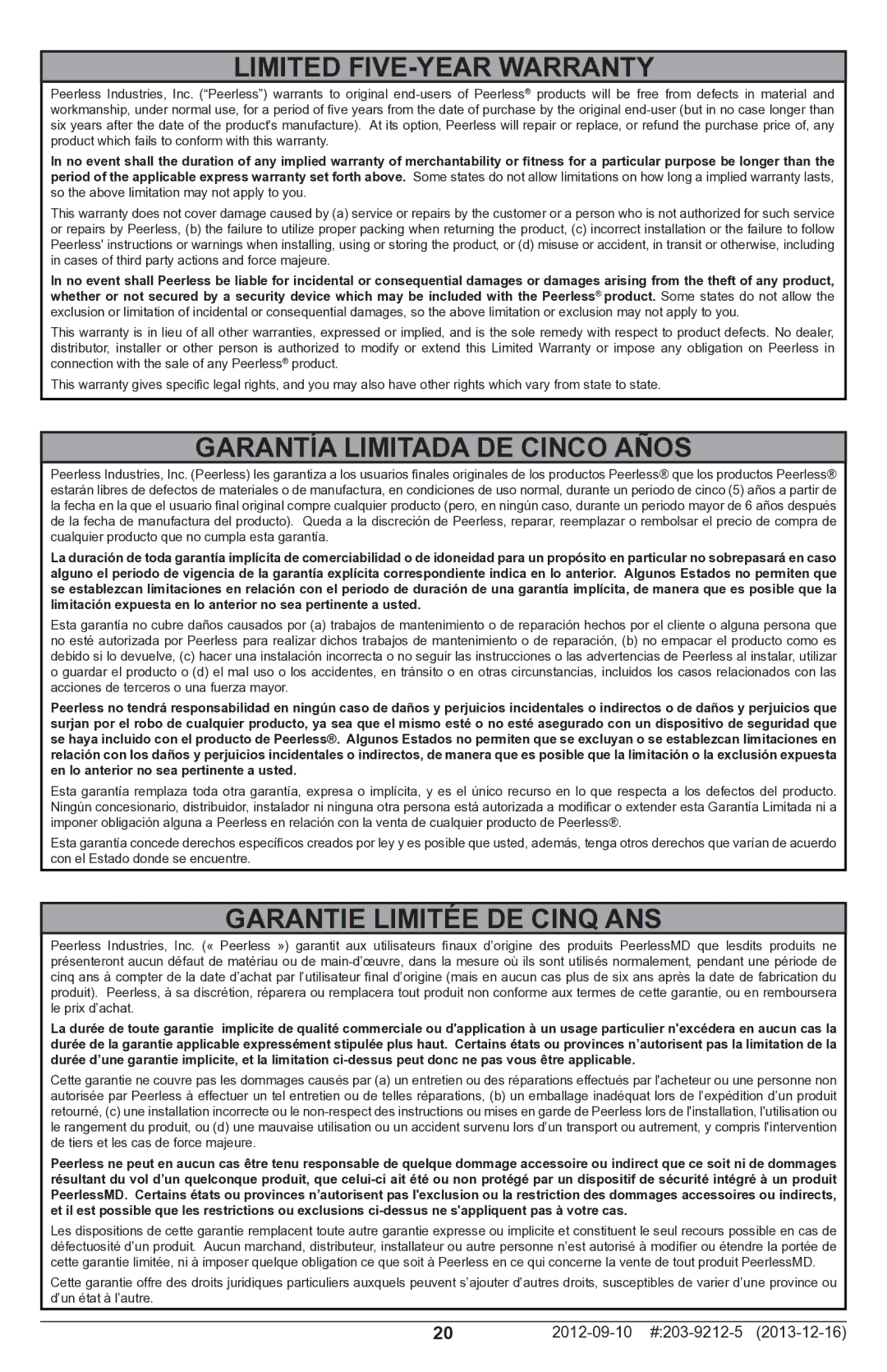 Peerless Industries SAL746 manual Limited FIVE-YEAR Warranty, Garantía Limitada DE Cinco Años, Garantie Limitée DE Cinq ANS 