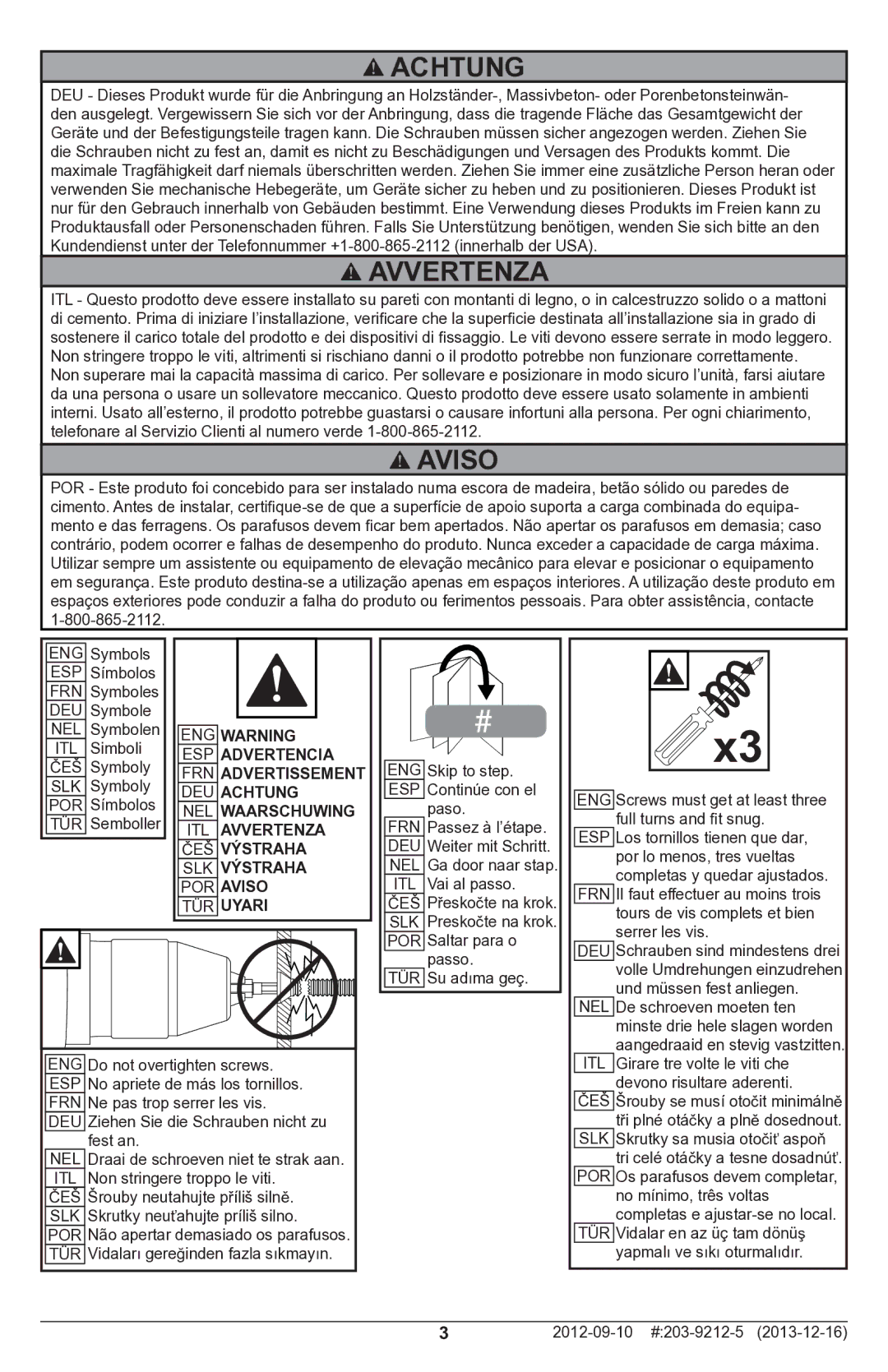 Peerless Industries SAL746 manual Achtung, Avvertenza, Aviso 