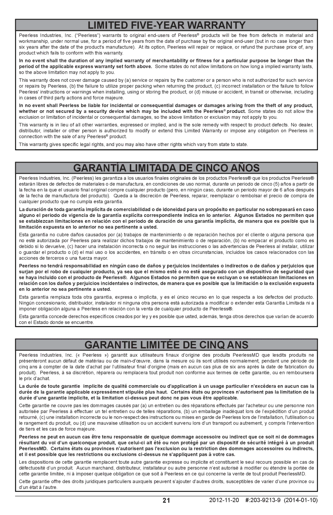 Peerless Industries SAL770 manual Limited FIVE-YEAR Warranty, Garantía Limitada DE Cinco Años, Garantie Limitée DE Cinq ANS 