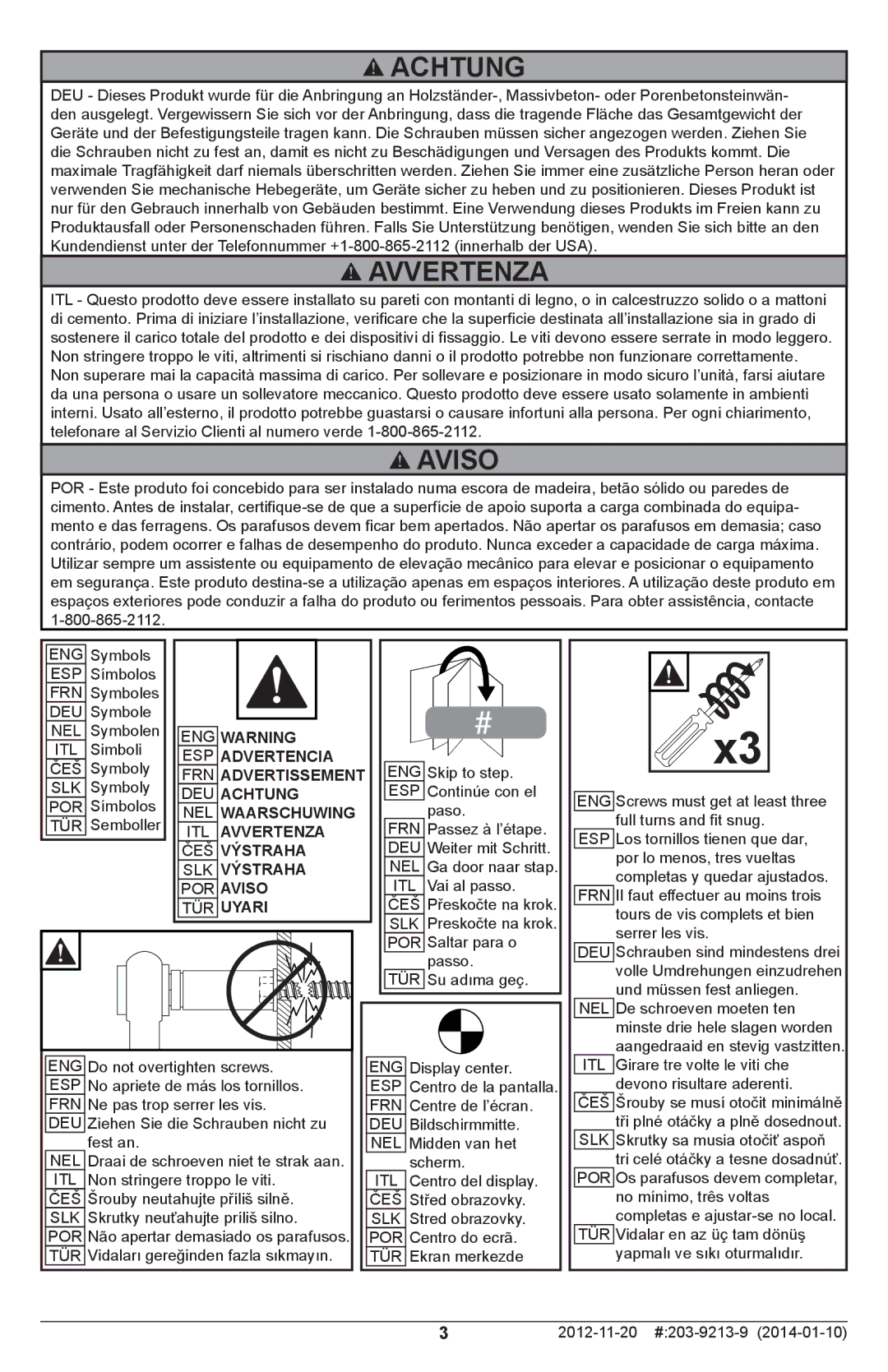 Peerless Industries SAL770 manual Achtung, Avvertenza, Aviso 