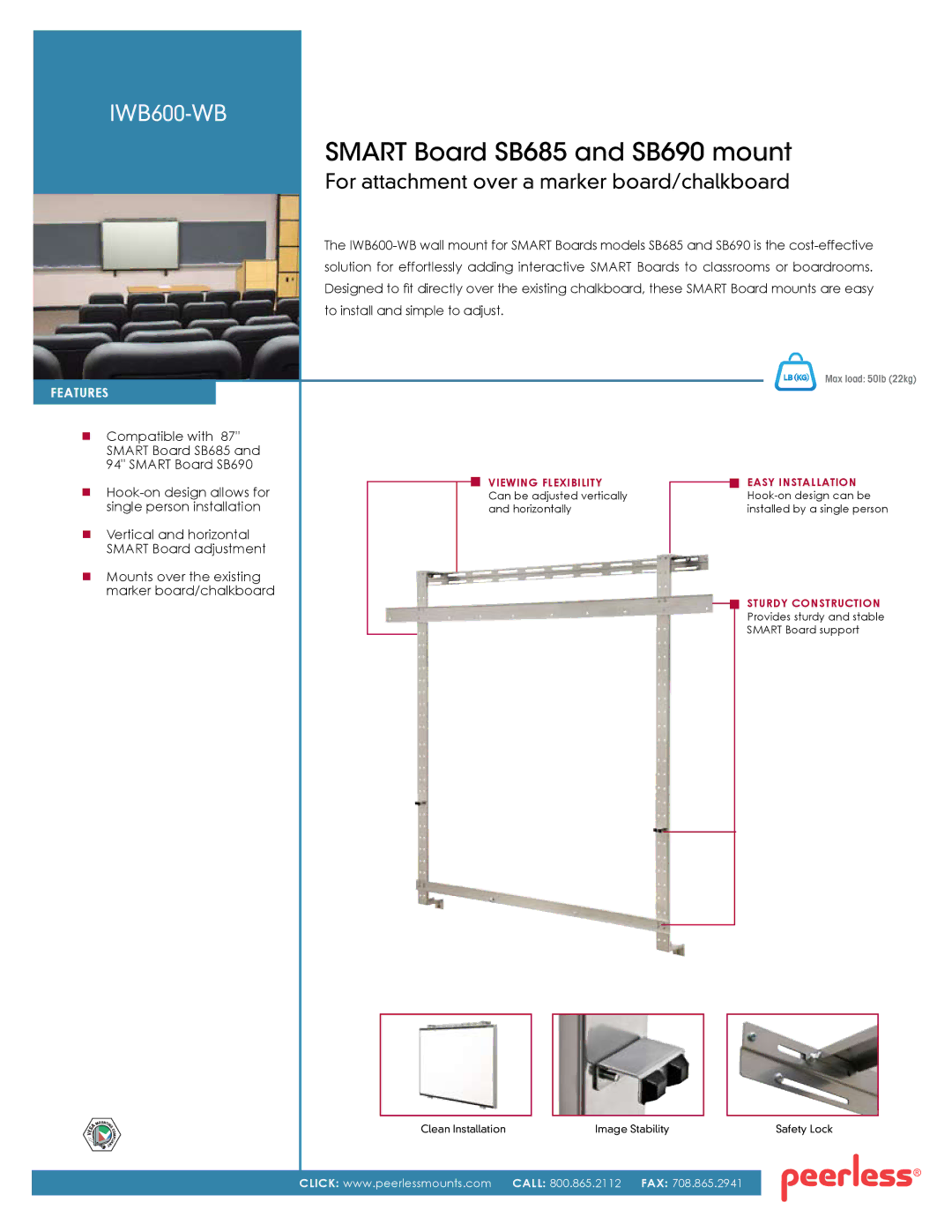 Peerless Industries manual Smart Board SB685 and SB690 mount, For attachment over a marker board/chalkboard, FeatureS 