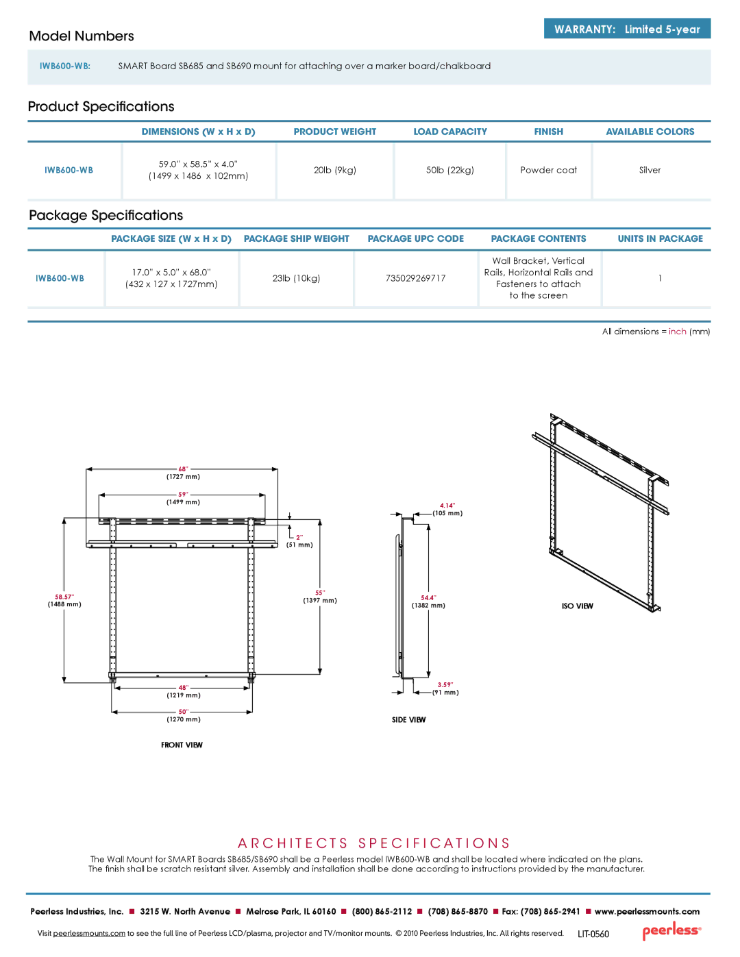 Peerless Industries SB690 Model Numbers, Product Specifications, Package Specifications, C H I T E C T S Specification S 