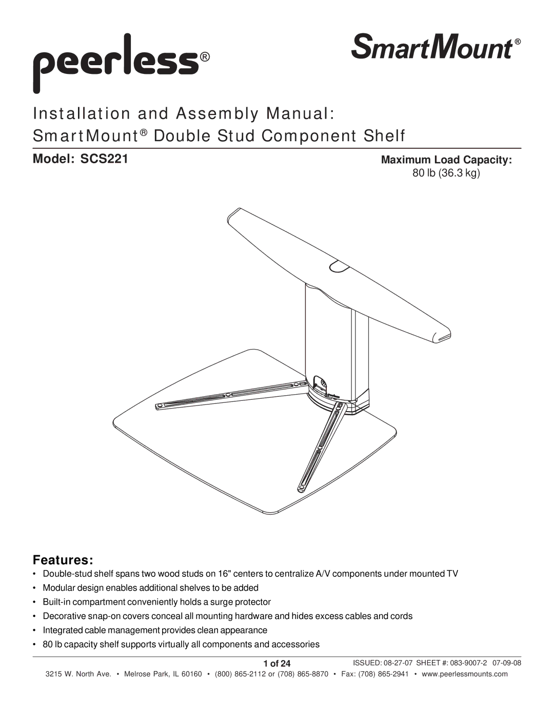 Peerless Industries manual Model SCS221, Features 