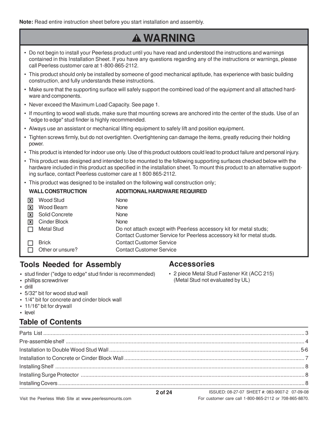 Peerless Industries SCS221 manual Tools Needed for Assembly, Accessories, Table of Contents 