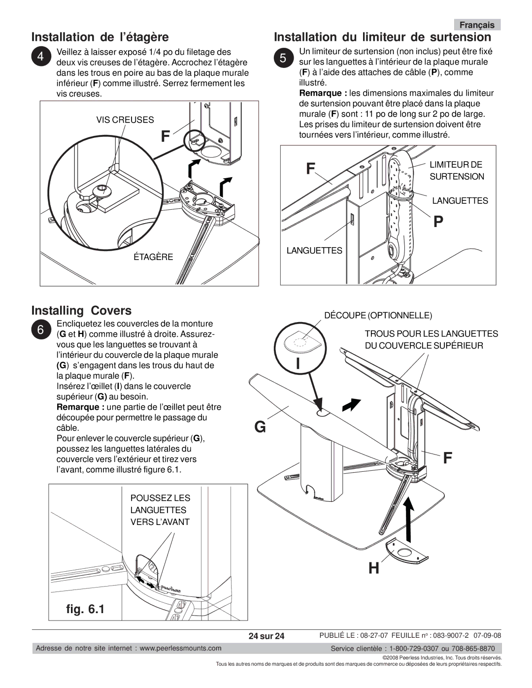 Peerless Industries SCS221 manual Installation de l’étagère, Installation du limiteur de surtension, 24 sur 