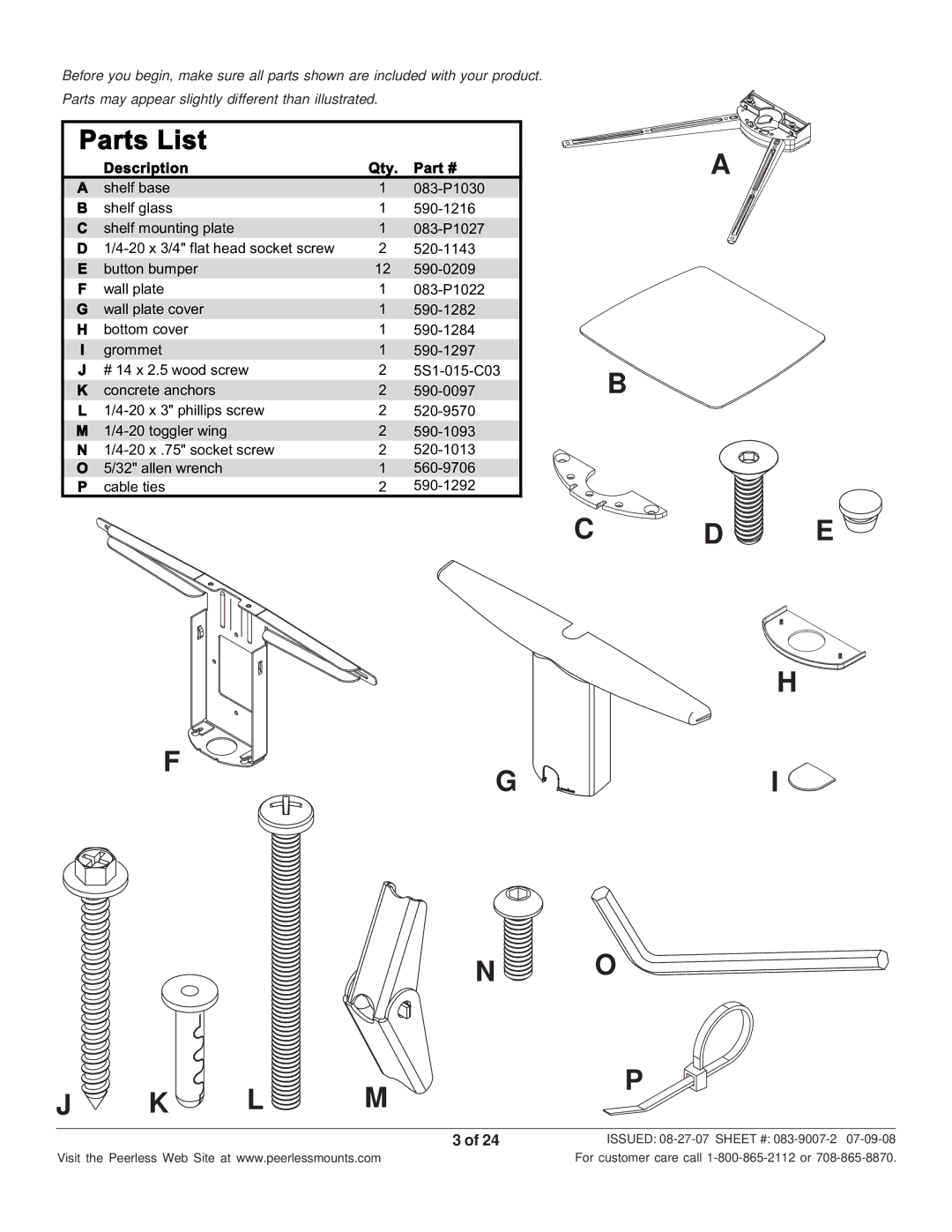 Peerless Industries SCS221 manual Parts List, Description Qty 