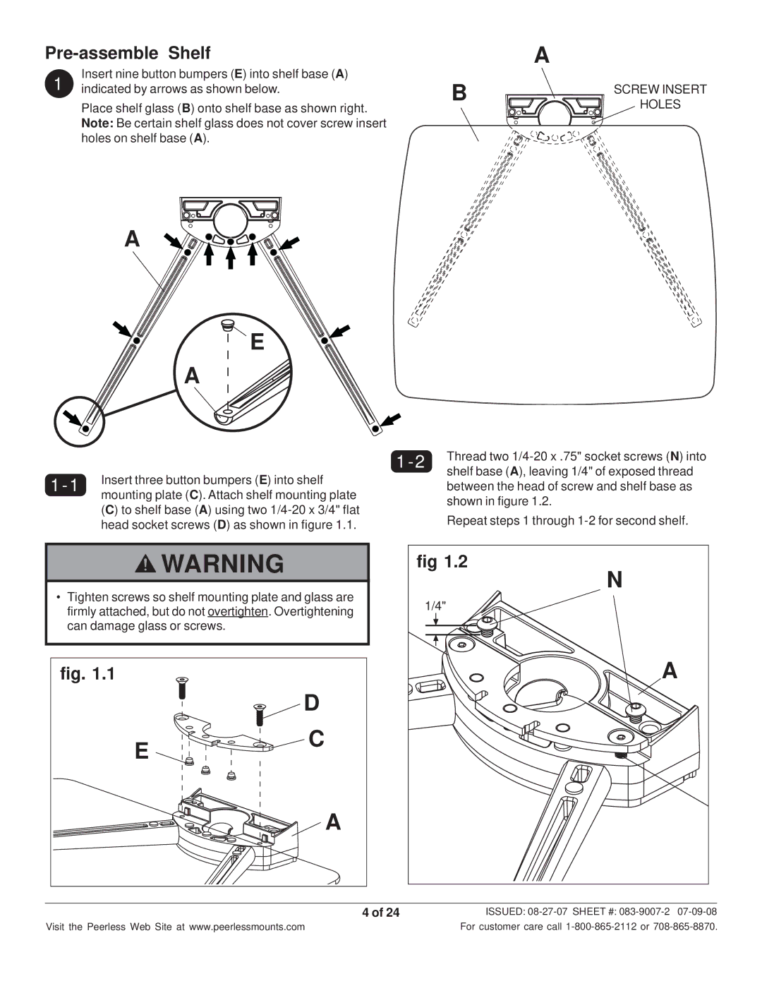 Peerless Industries SCS221 manual Pre-assemble Shelf, Screw Insert Holes 