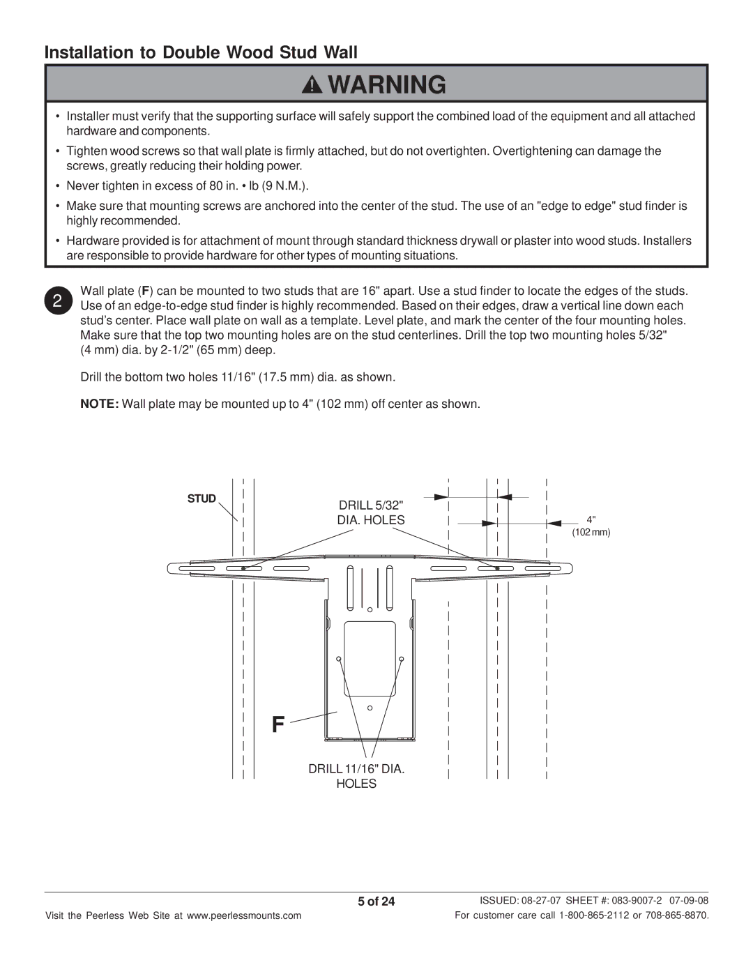 Peerless Industries SCS221 manual Installation to Double Wood Stud Wall 