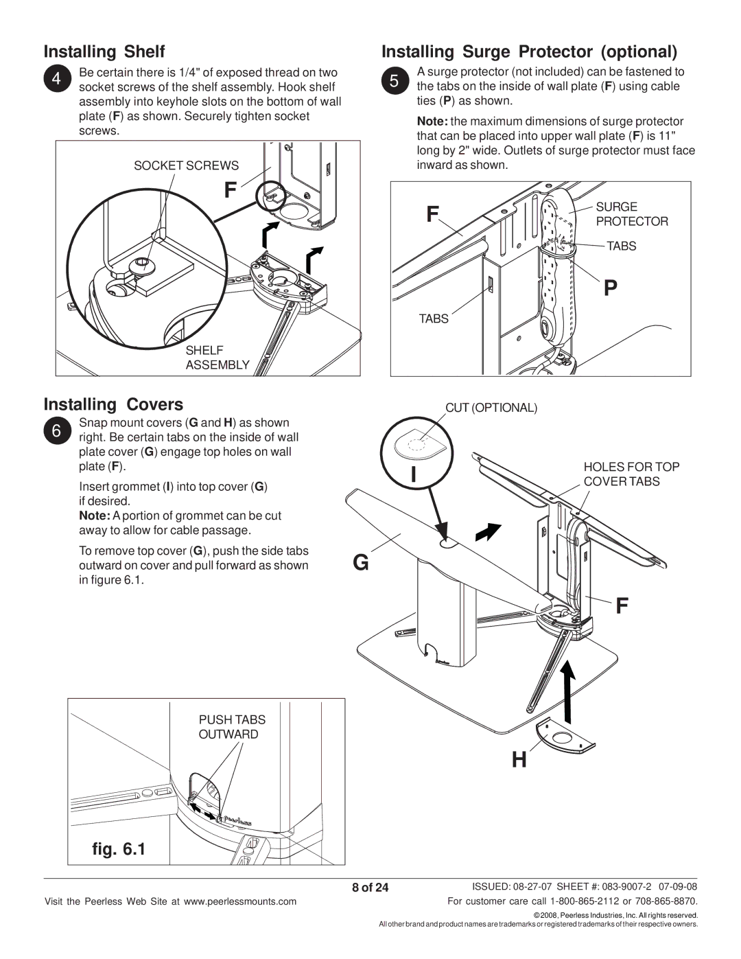 Peerless Industries SCS221 manual Installing Shelf, Installing Covers 