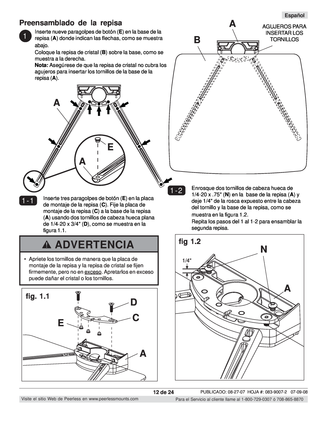 Peerless Industries SCS221 manual Preensamblado de la repisa, 12 de, Advertencia, A E A, Español 