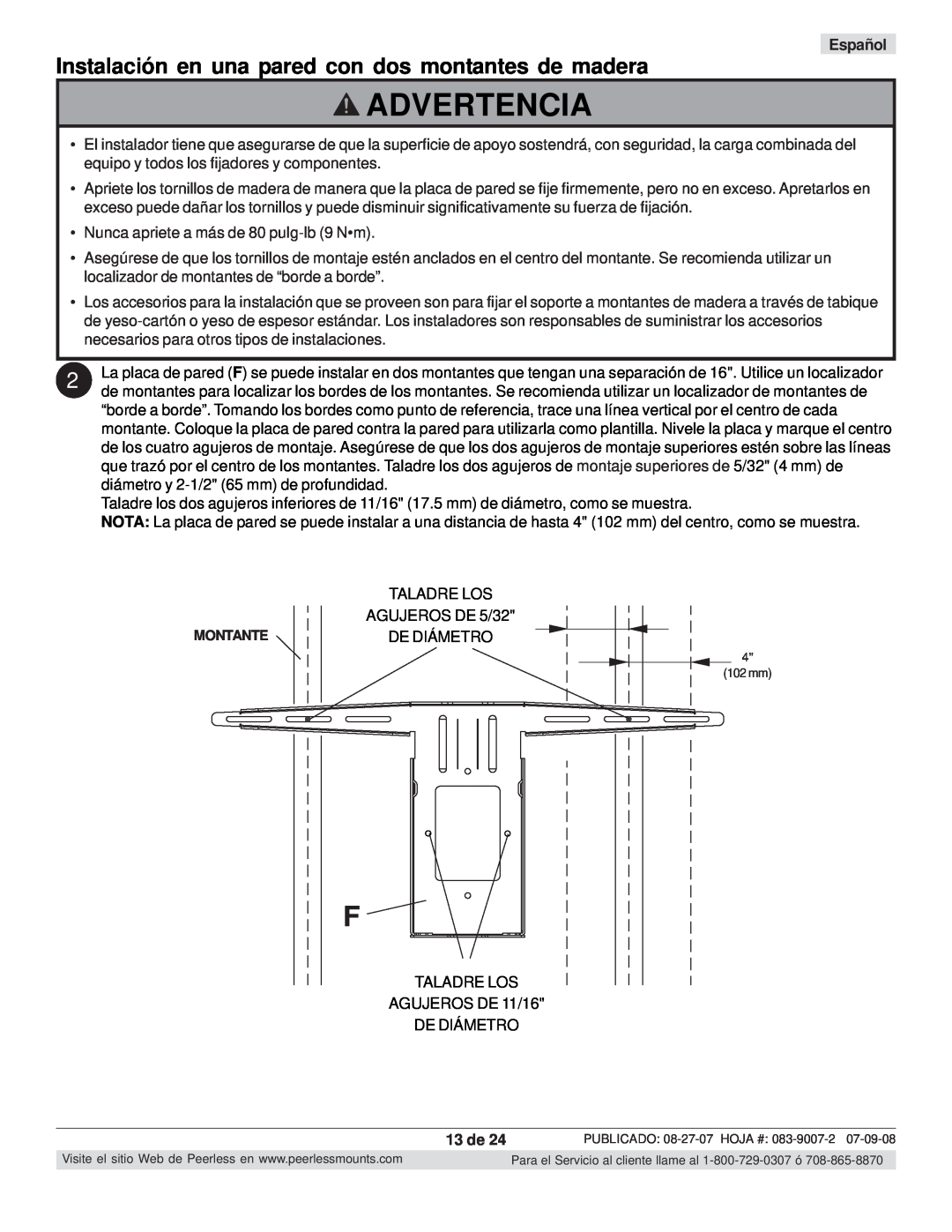 Peerless Industries SCS221 manual Advertencia, 13 de, Español 