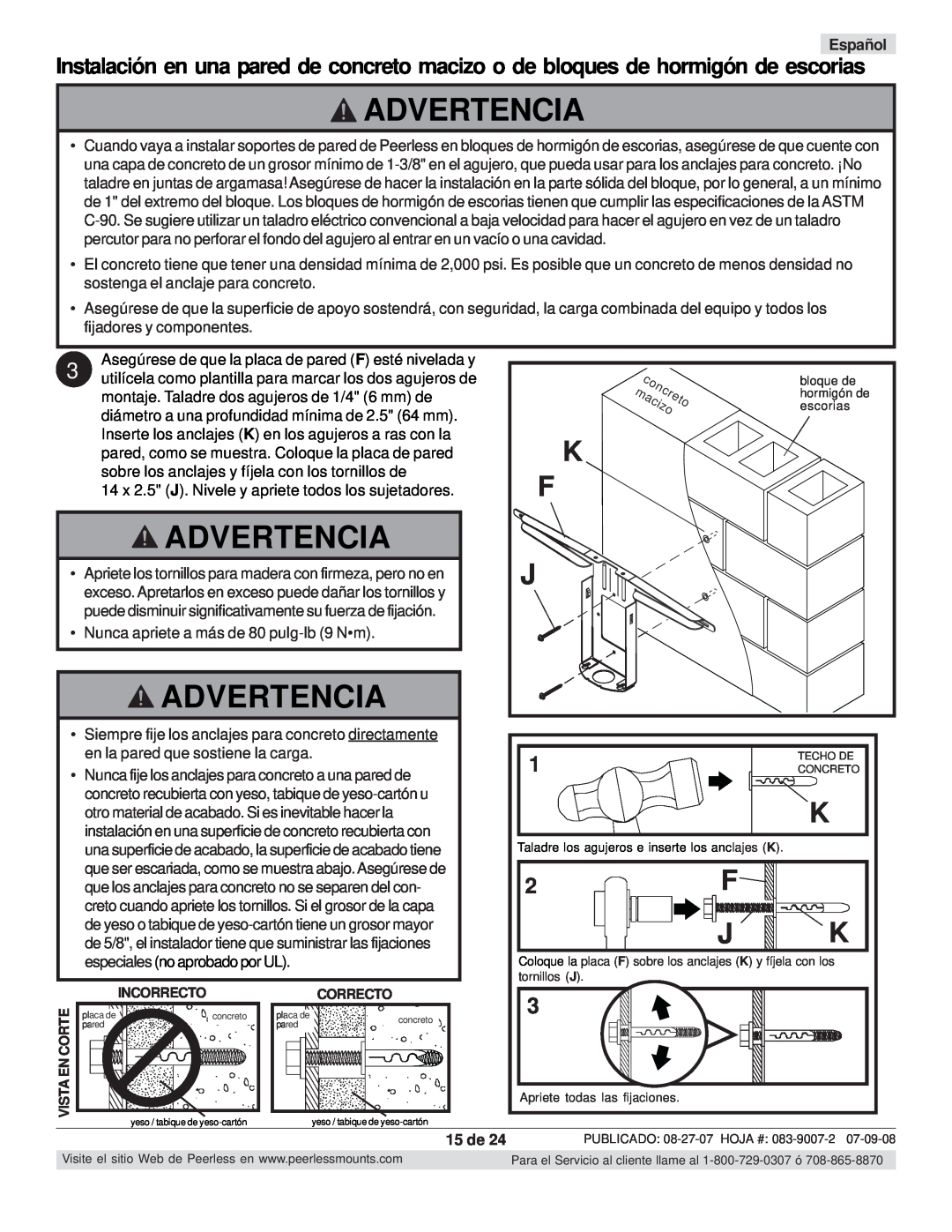 Peerless Industries SCS221 manual 15 de, Advertencia, concreto, macizo, Español 
