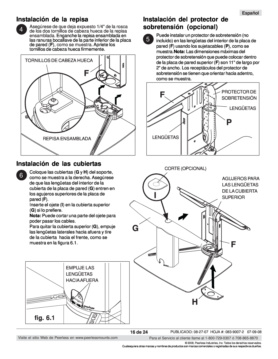 Peerless Industries SCS221 manual Instalación de la repisa, Instalación de las cubiertas, 16 de, Español 