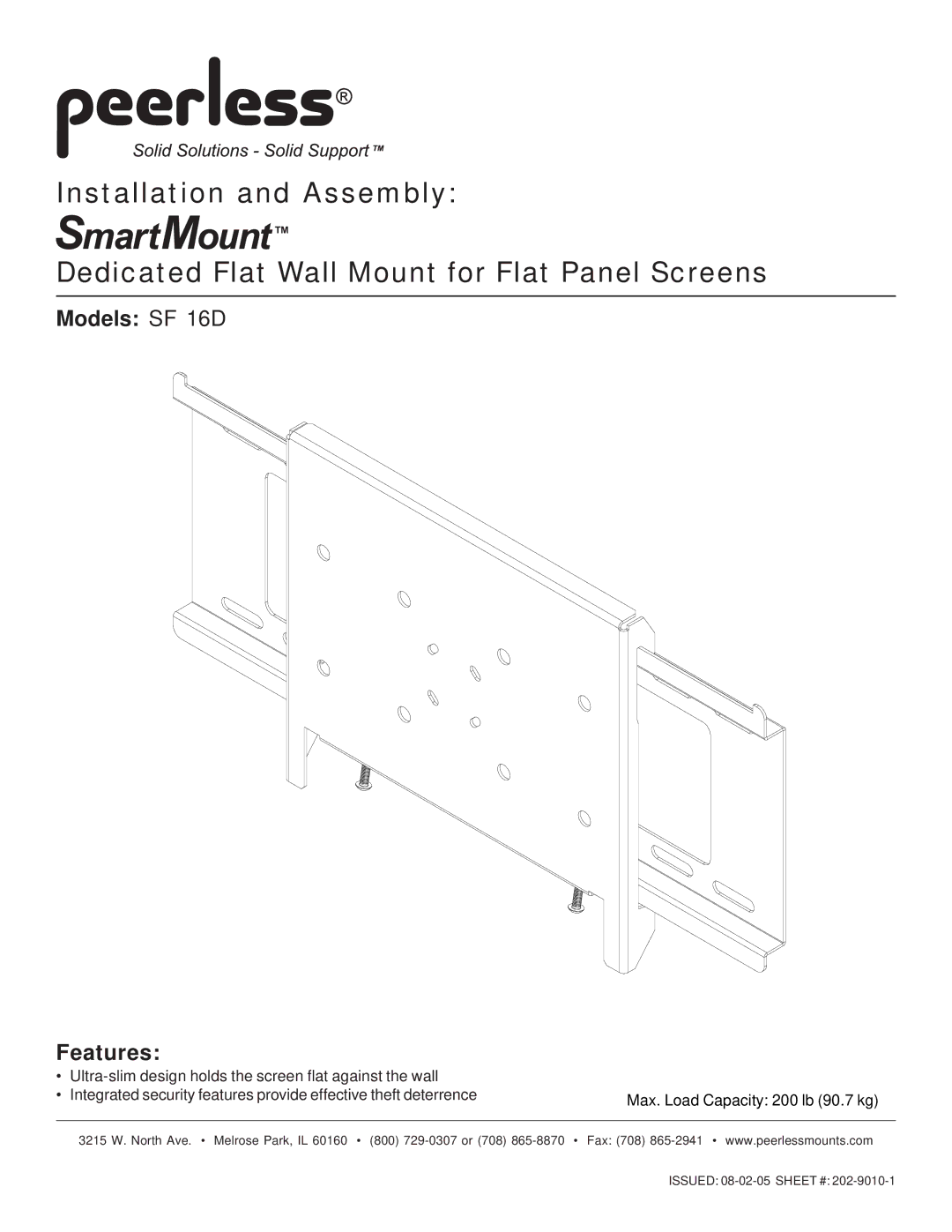 Peerless Industries manual Models SF 16D Features 