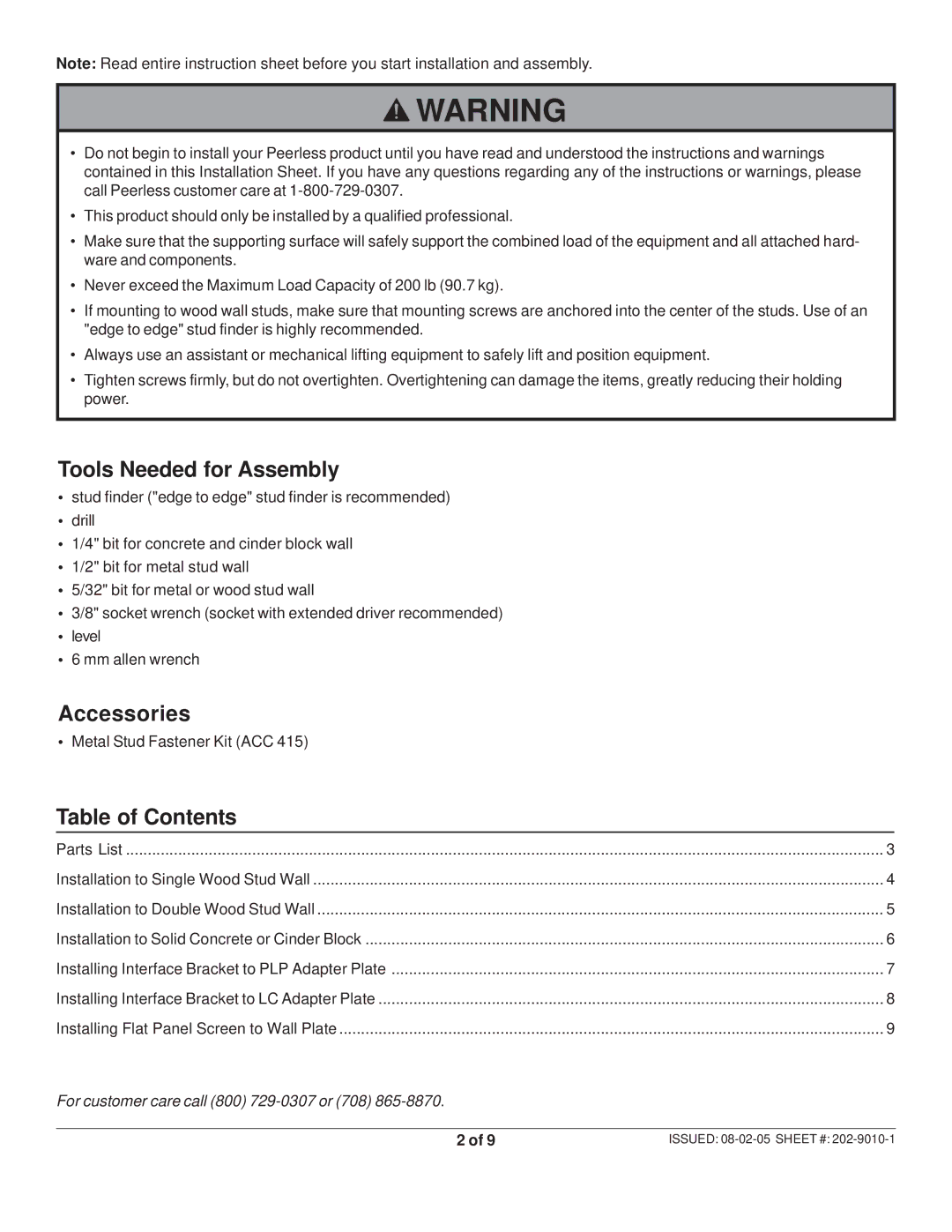 Peerless Industries SF 16D manual Tools Needed for Assembly, Accessories, Table of Contents 