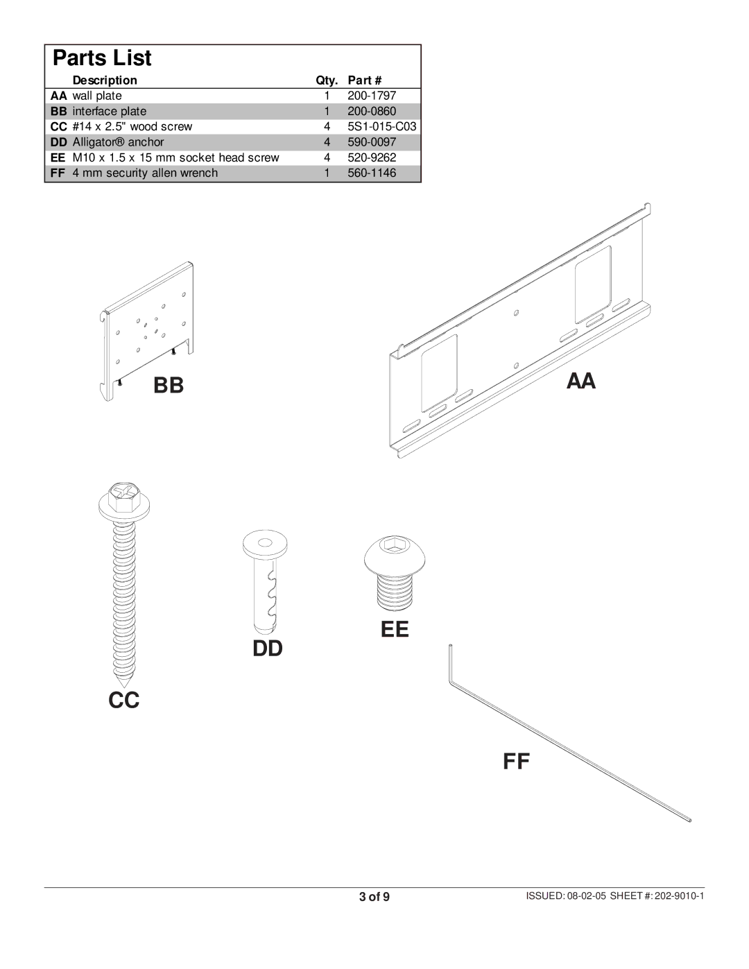 Peerless Industries SF 16D manual Parts List 