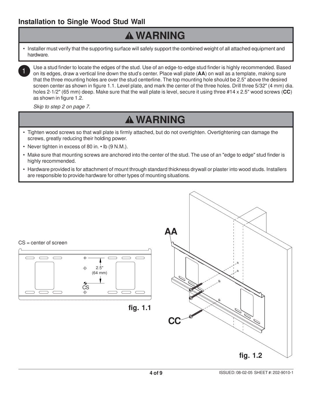 Peerless Industries SF 16D manual Installation to Single Wood Stud Wall, Skip to on 