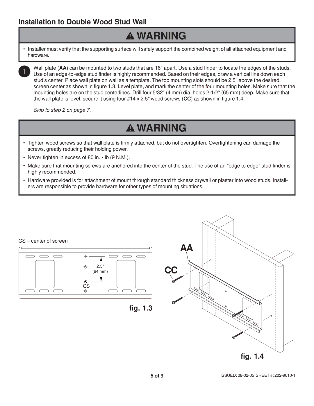 Peerless Industries SF 16D manual Installation to Double Wood Stud Wall 