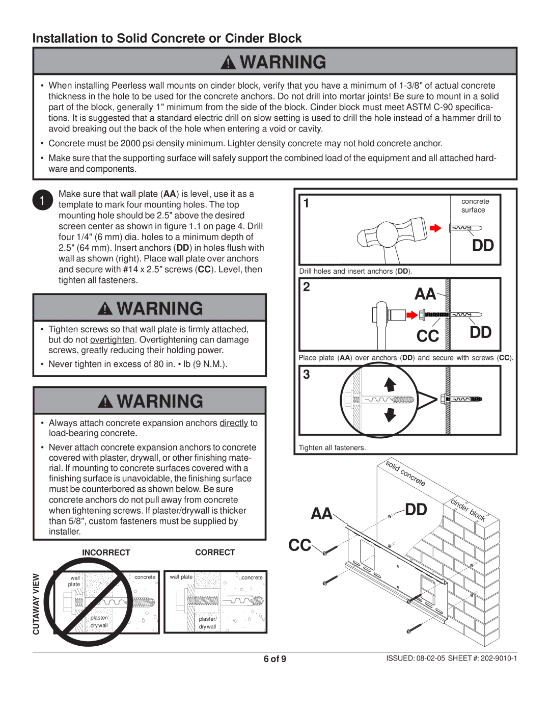 Peerless Industries SF 16D manual Cc Dd, Installation to Solid Concrete or Cinder Block 