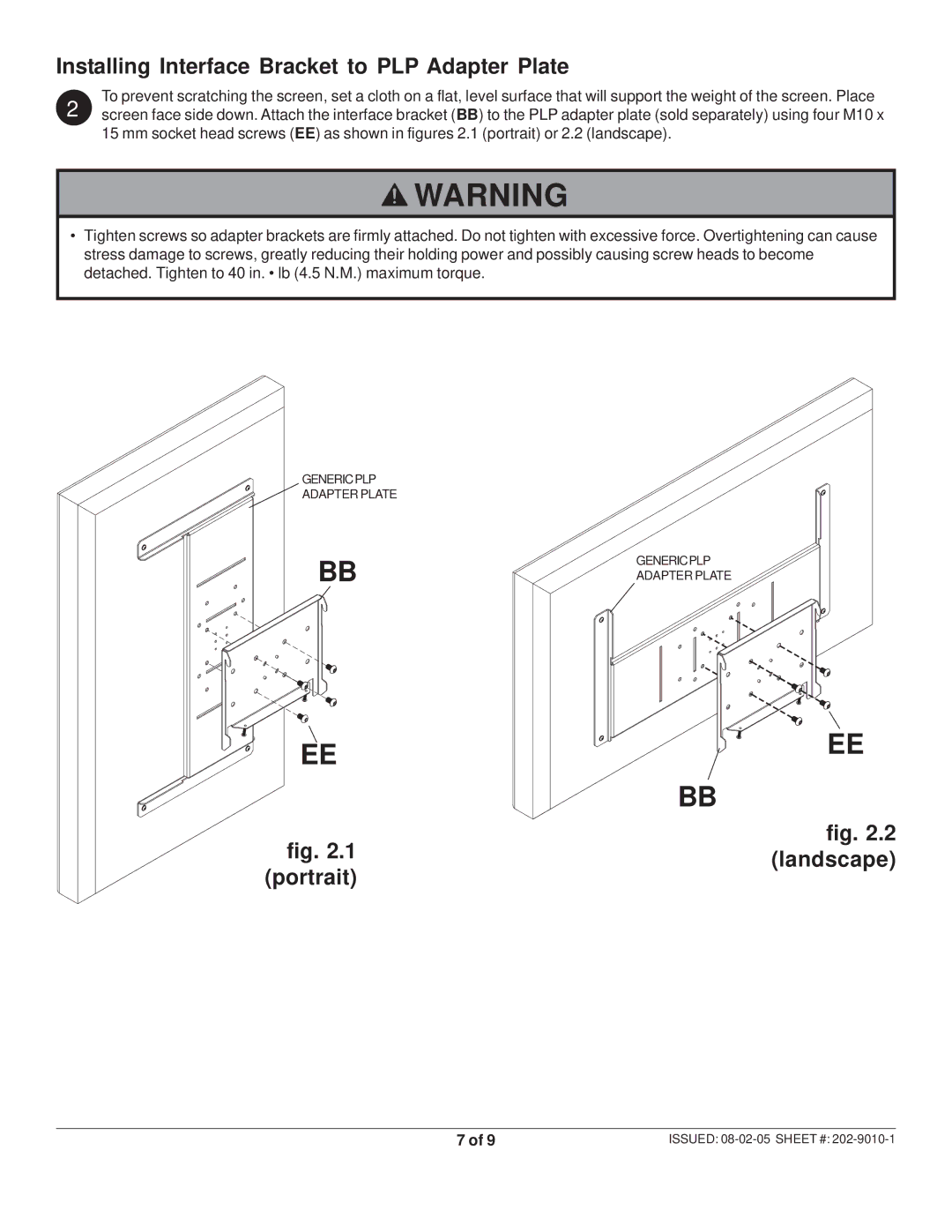 Peerless Industries SF 16D manual Installing Interface Bracket to PLP Adapter Plate, 1landscape portrait 