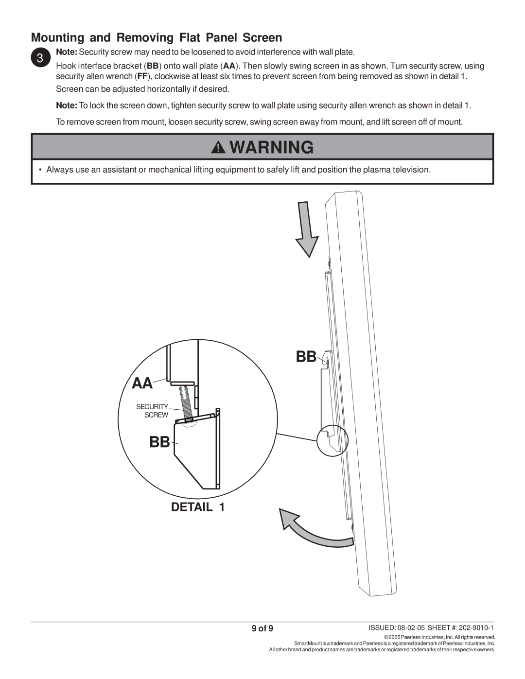 Peerless Industries SF 16D manual Mounting and Removing Flat Panel Screen, Detail 