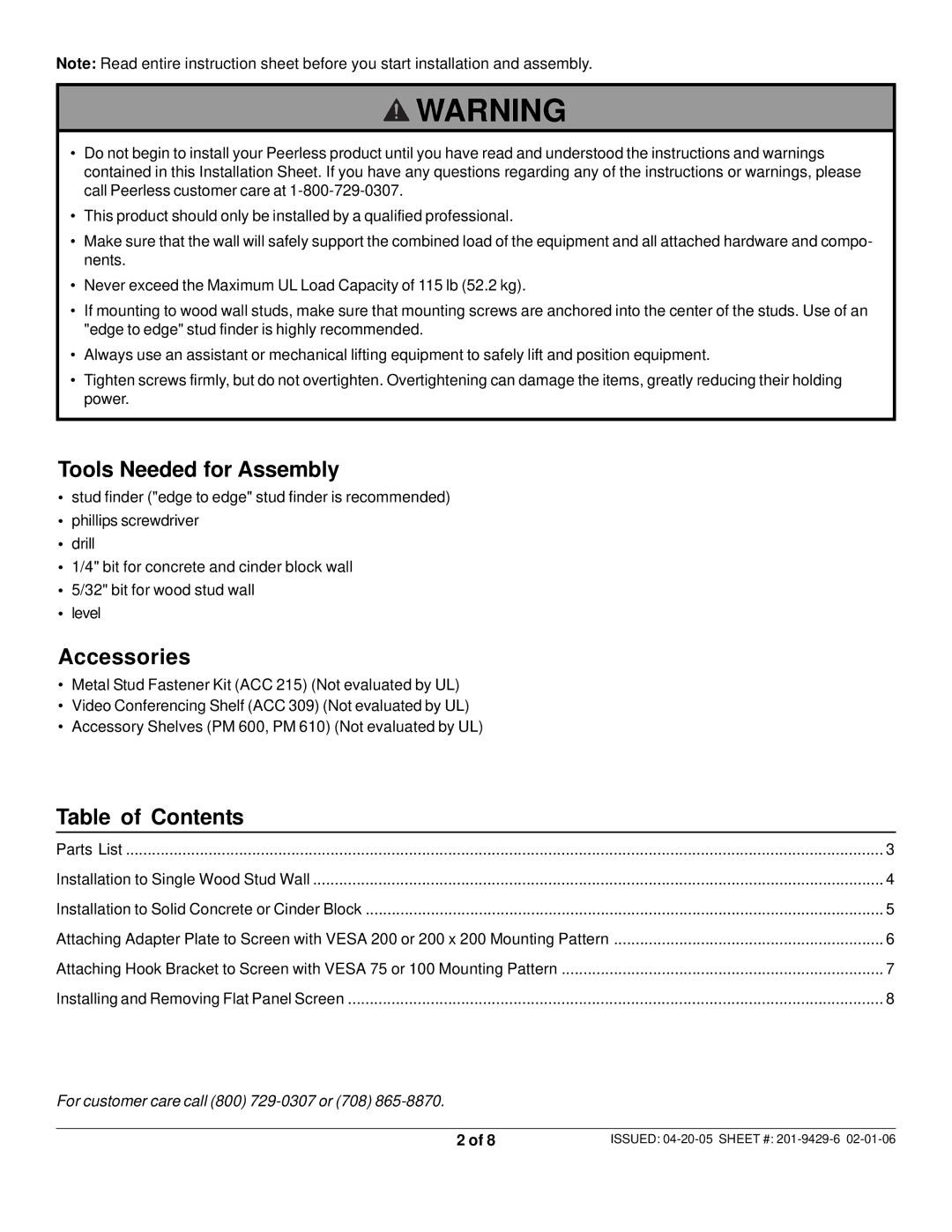 Peerless Industries SF 635P-S, SF 632-S, SF 632P-S, SF 635-S Tools Needed for Assembly, Accessories, Table of Contents 