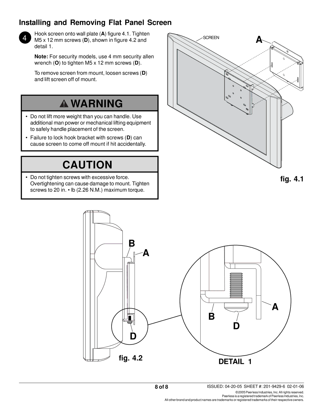 Peerless Industries SF 635P-S, SF 632-S, SF 632P-S, SF 635-S manual Installing and Removing Flat Panel Screen, Detail 