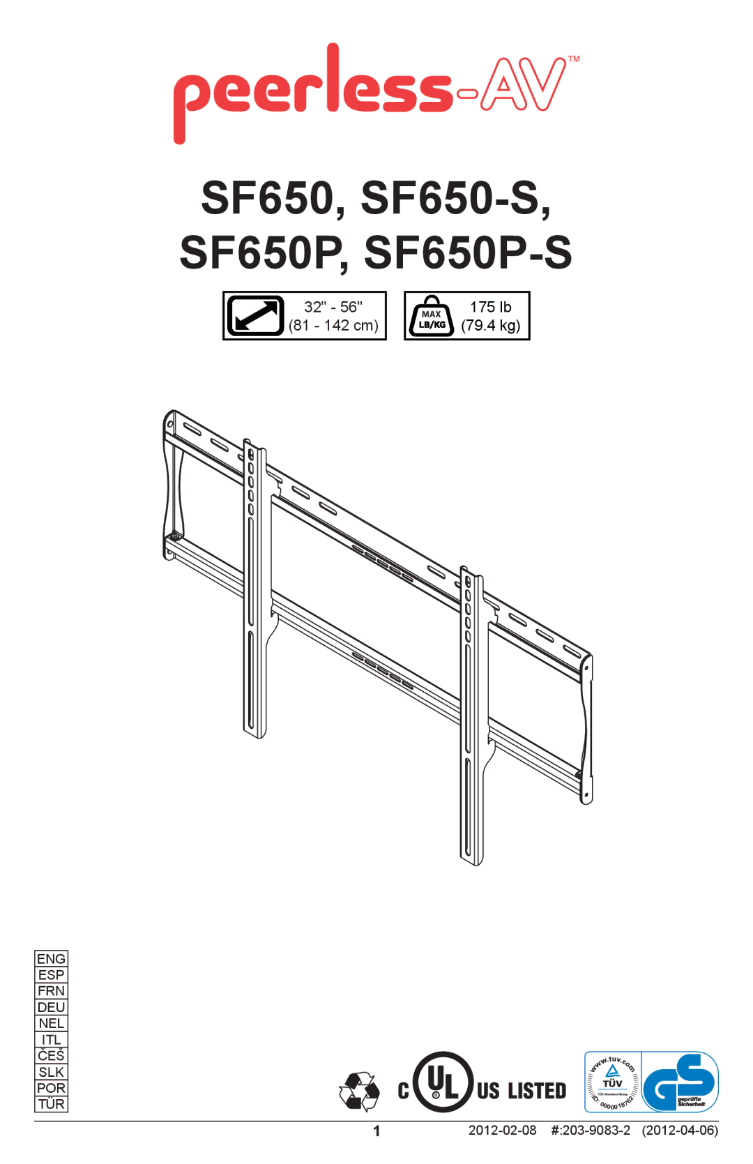 Peerless Industries manual SF650, SF650-S SF650P, SF650P-S 