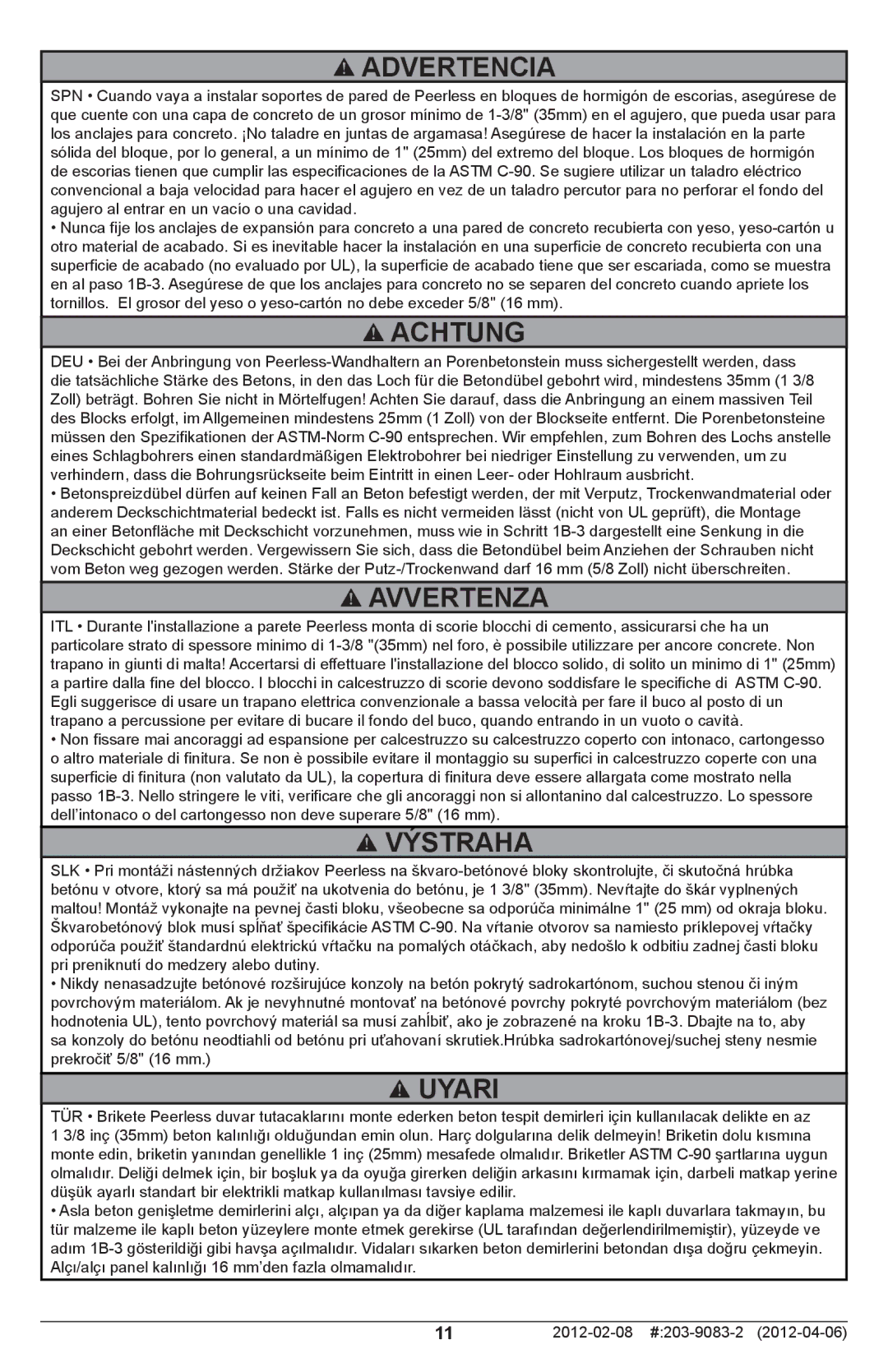 Peerless Industries SF650P-S, SF650-S manual Advertencia 