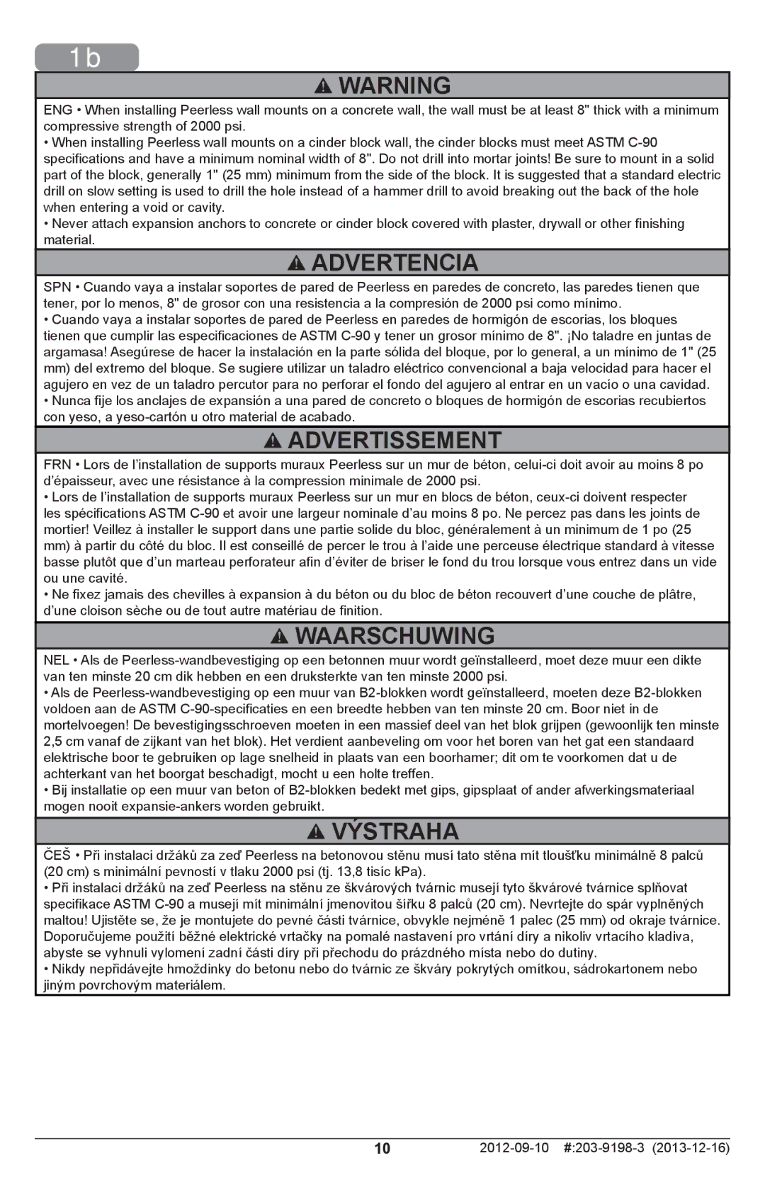 Peerless Industries SFL646 manual Advertencia 