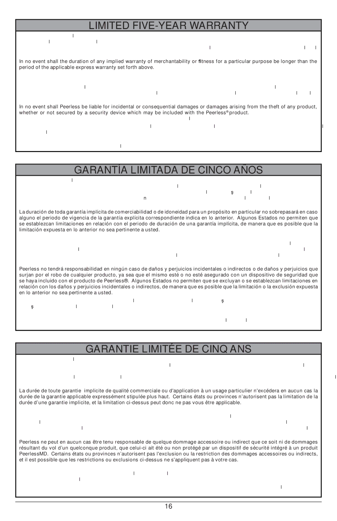 Peerless Industries SFL646 manual Limited FIVE-YEAR Warranty, Garantía Limitada DE Cinco Años, Garantie Limitée DE Cinq ANS 