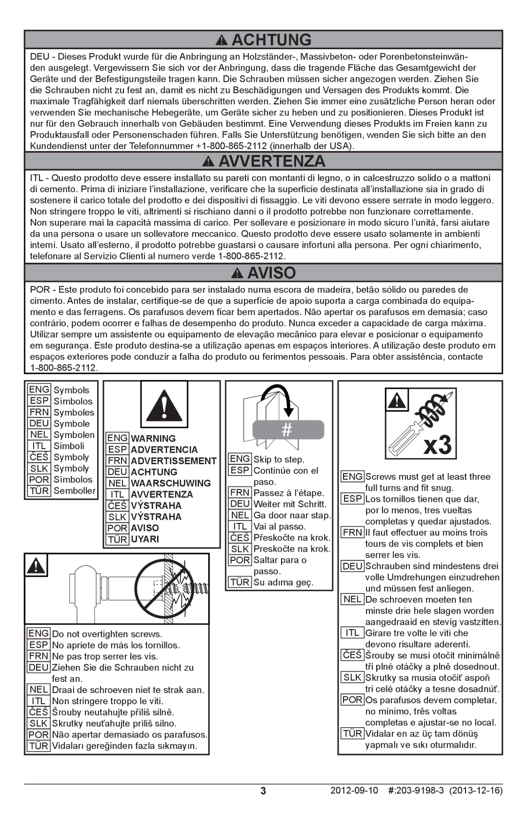 Peerless Industries SFL646 manual Achtung, Avvertenza, Aviso 