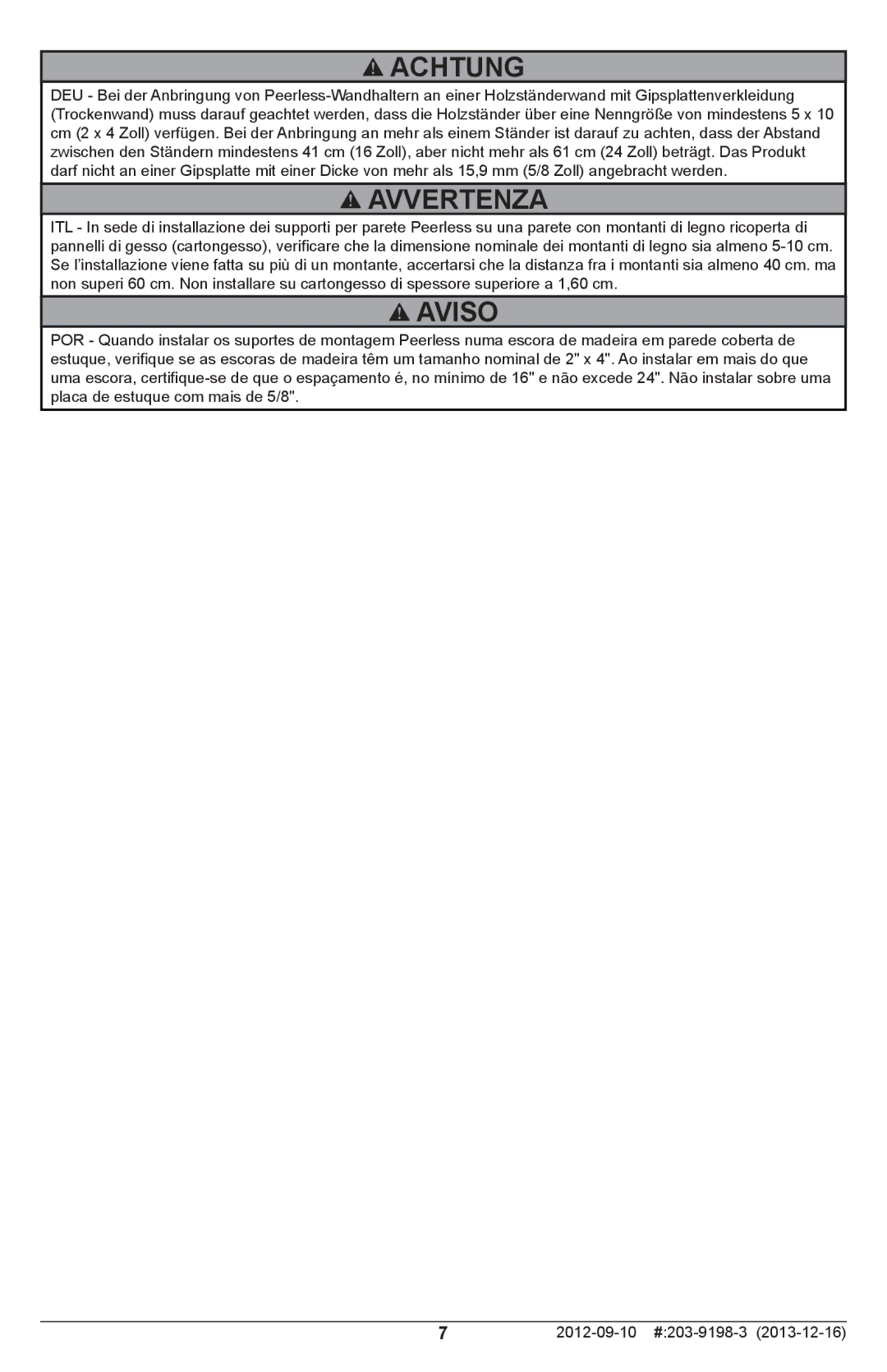 Peerless Industries SFL646 manual Achtung 