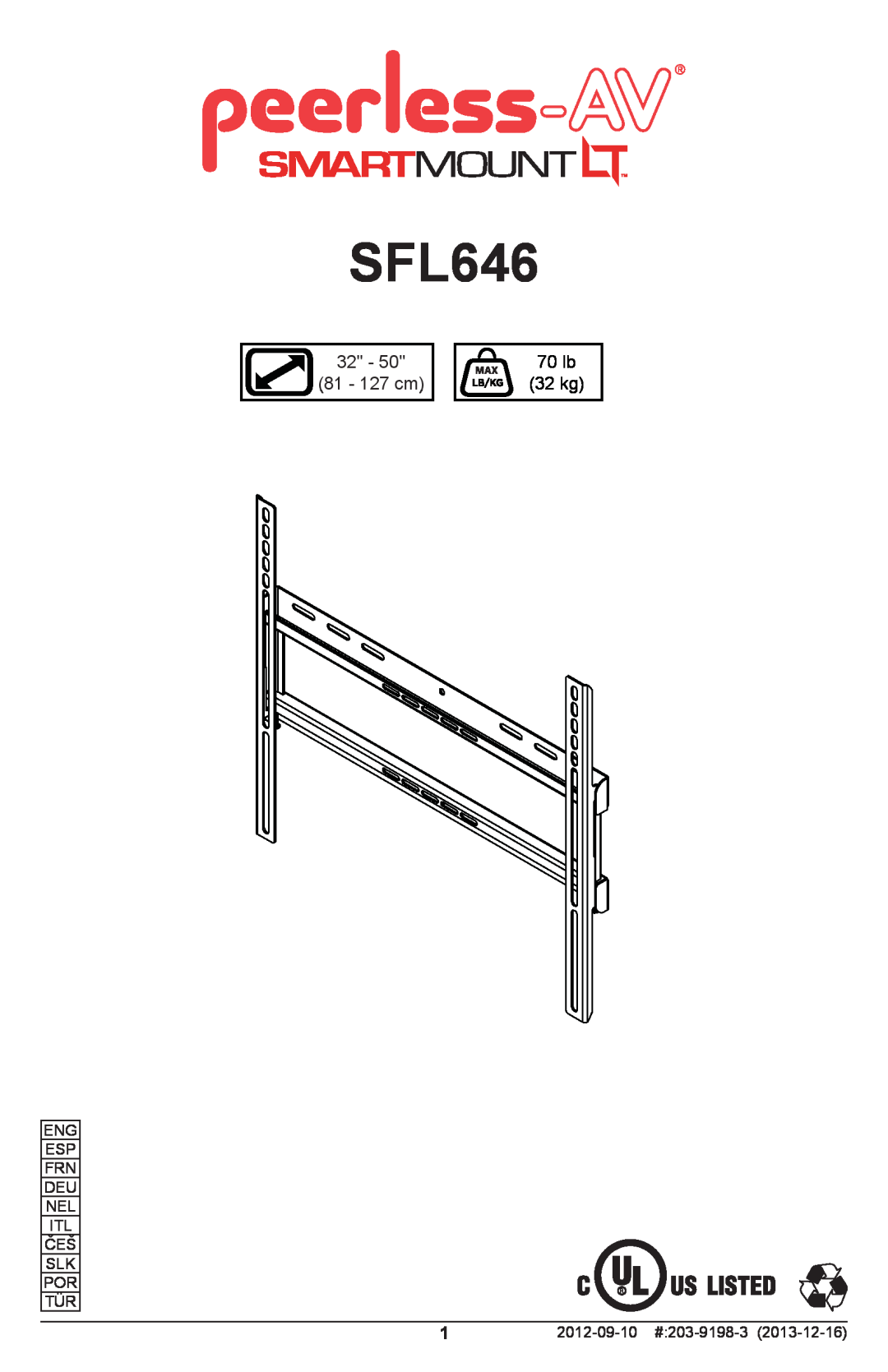 Peerless Industries SFL646 manual 81 - 127 cm, 70 lb, 32 kg 
