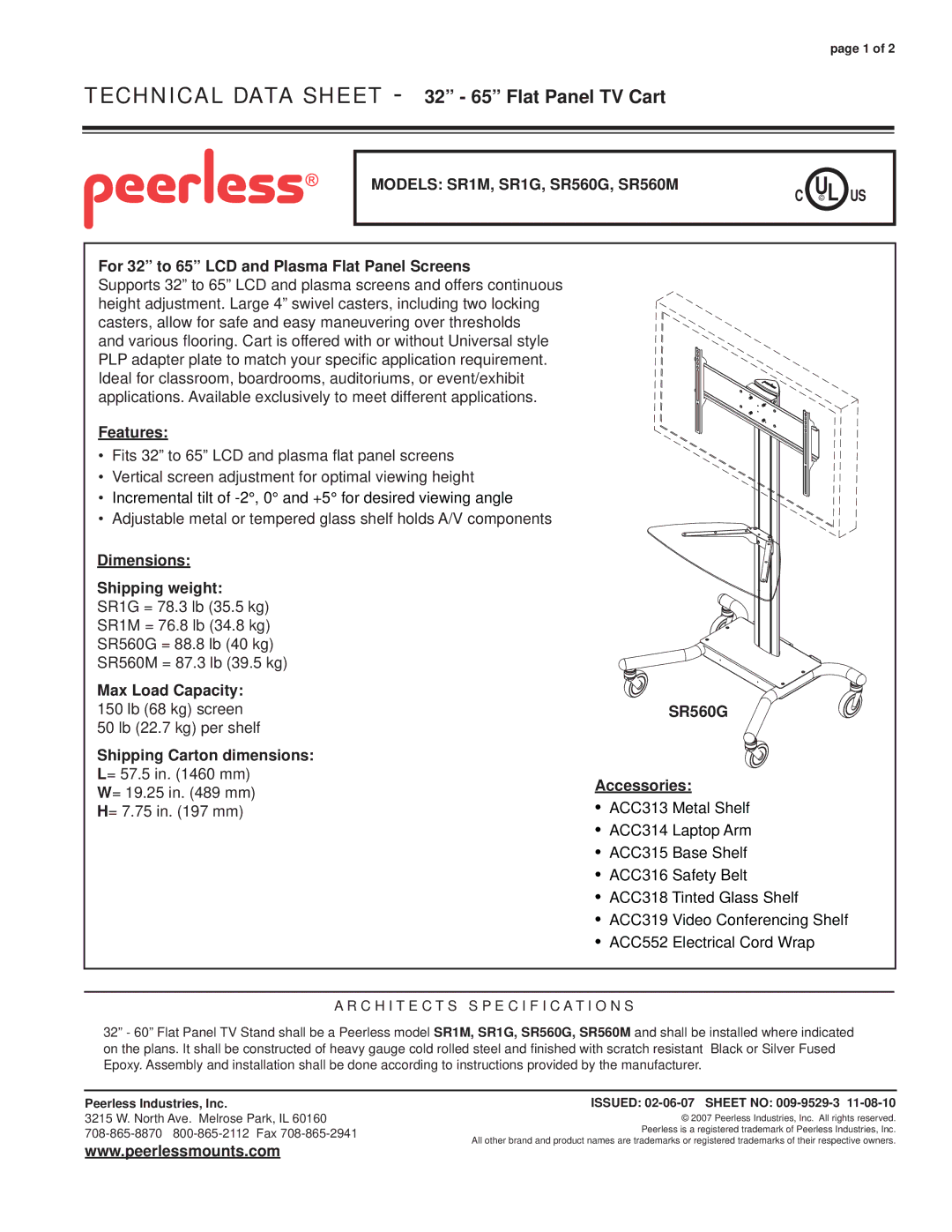 Peerless Industries specifications Technical Data Sheet 32 65 Flat Panel TV Cart, Models SR1M, SR1G, SR560G, SR560M 